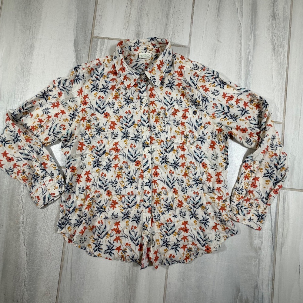 Spartina 449 Floral Button Down Shirt Large Linen Blend Long Sleeve Orange Cream
